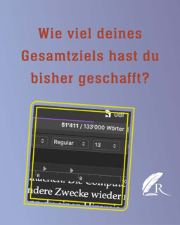 Wie viel deines Gesamtziels hast du bisher geschafft?
Stand heute habe ich 51‘411 Worte vom Entwurf meines Projekts geschrieben. Das entspricht etwa 290 Taschenbuchseiten und ist etwas mehr als einen Drittel von dem was ich geplant habe. Wieviel nach den Überarbeitungen dann wirklich im Buch ist, steht noch in den Sternen...

#autorenleben #autorenalltag #autorenwelt #udl